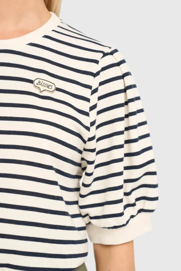 Gestreifter blau-weißer Damenpullover mit Puffärmeln aus Baumwolle von Corey