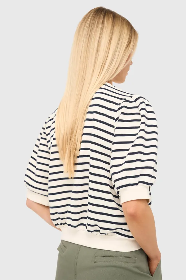 Blue and White Striped Women's Sweater with Puff Sleeves, Cotton, Corey