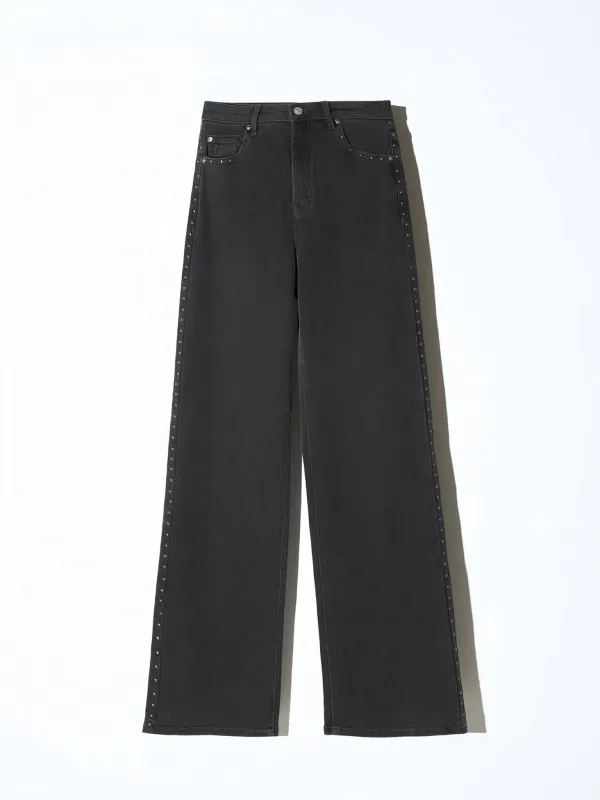 Jeans Dames Rechte Pijp Studs Mid Rise Stretch Luxx Black 813