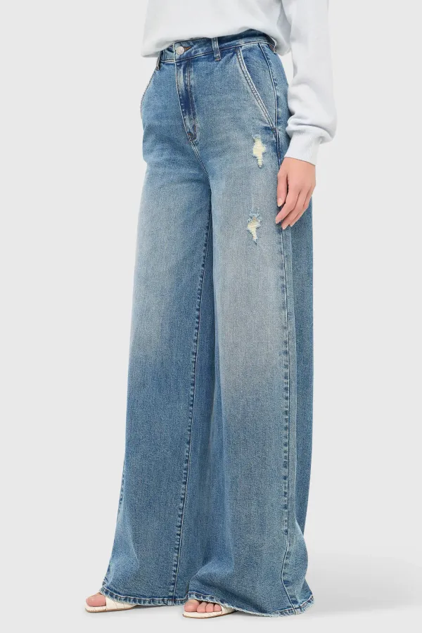 Jeans für Damen, weit geschnitten, hohe Leibhöhe, Stretch, Dexter, blau, 379