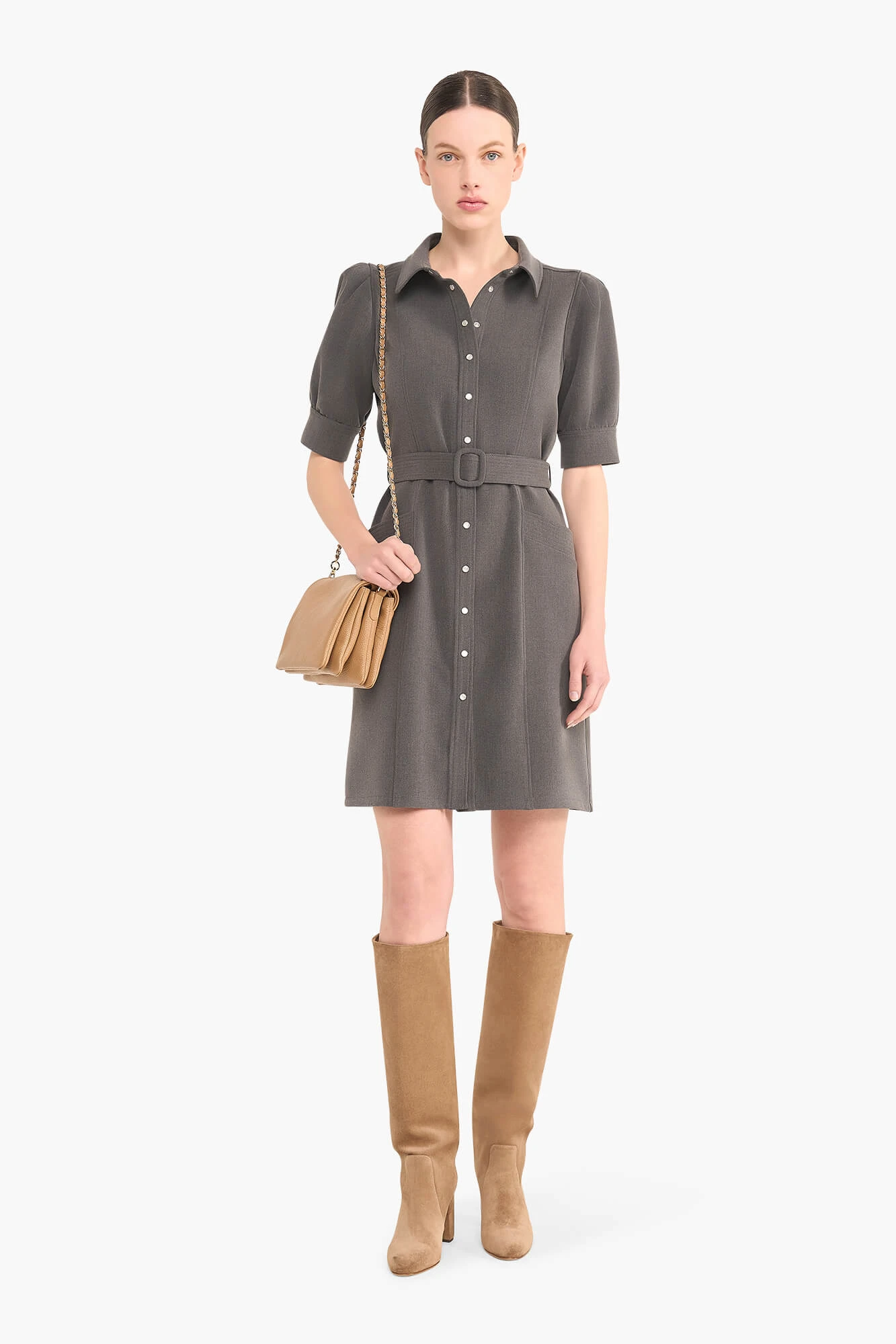 Kleid mit Gürtel, Puffärmeln und Druckknöpfen, Bodhi, Grau
