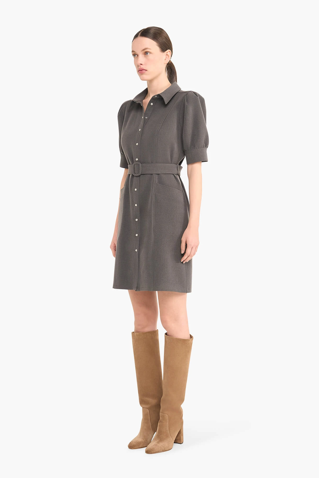 Kleid mit Gürtel, Puffärmeln und Druckknöpfen, Bodhi, Grau