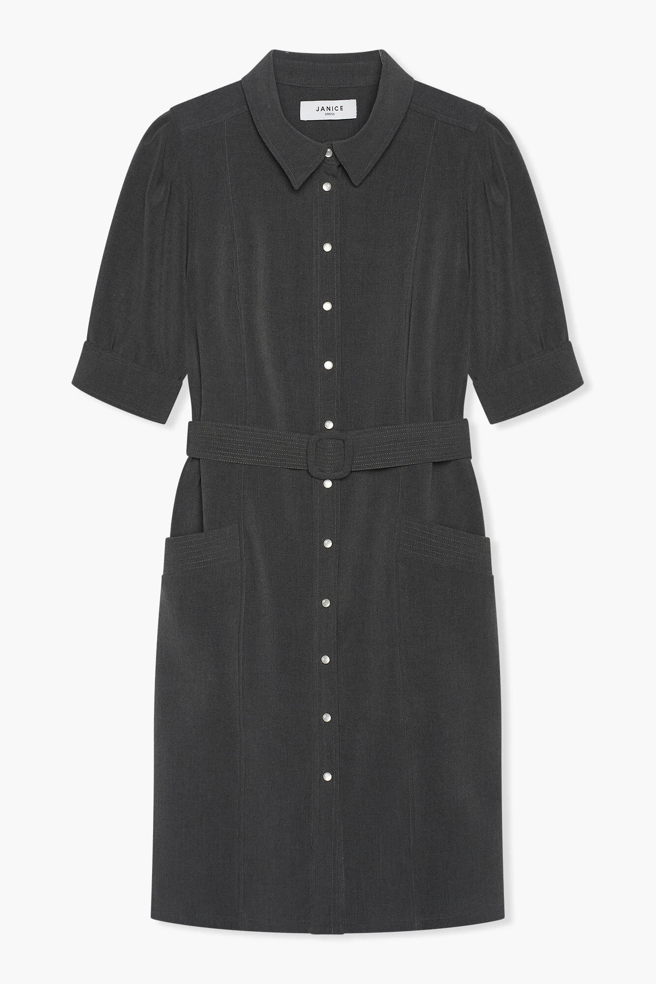 Kleid mit Gürtel, Puffärmeln und Druckknöpfen, Bodhi, Grau