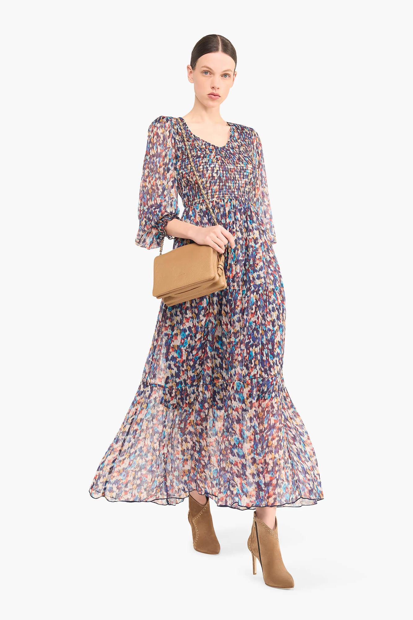 Langes Kleid mit Smog-Print in Finn-Blau