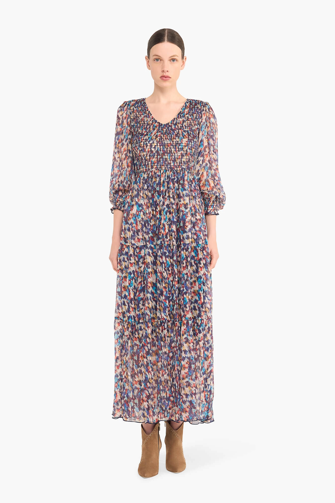 Langes Kleid mit Smog-Print in Finn-Blau