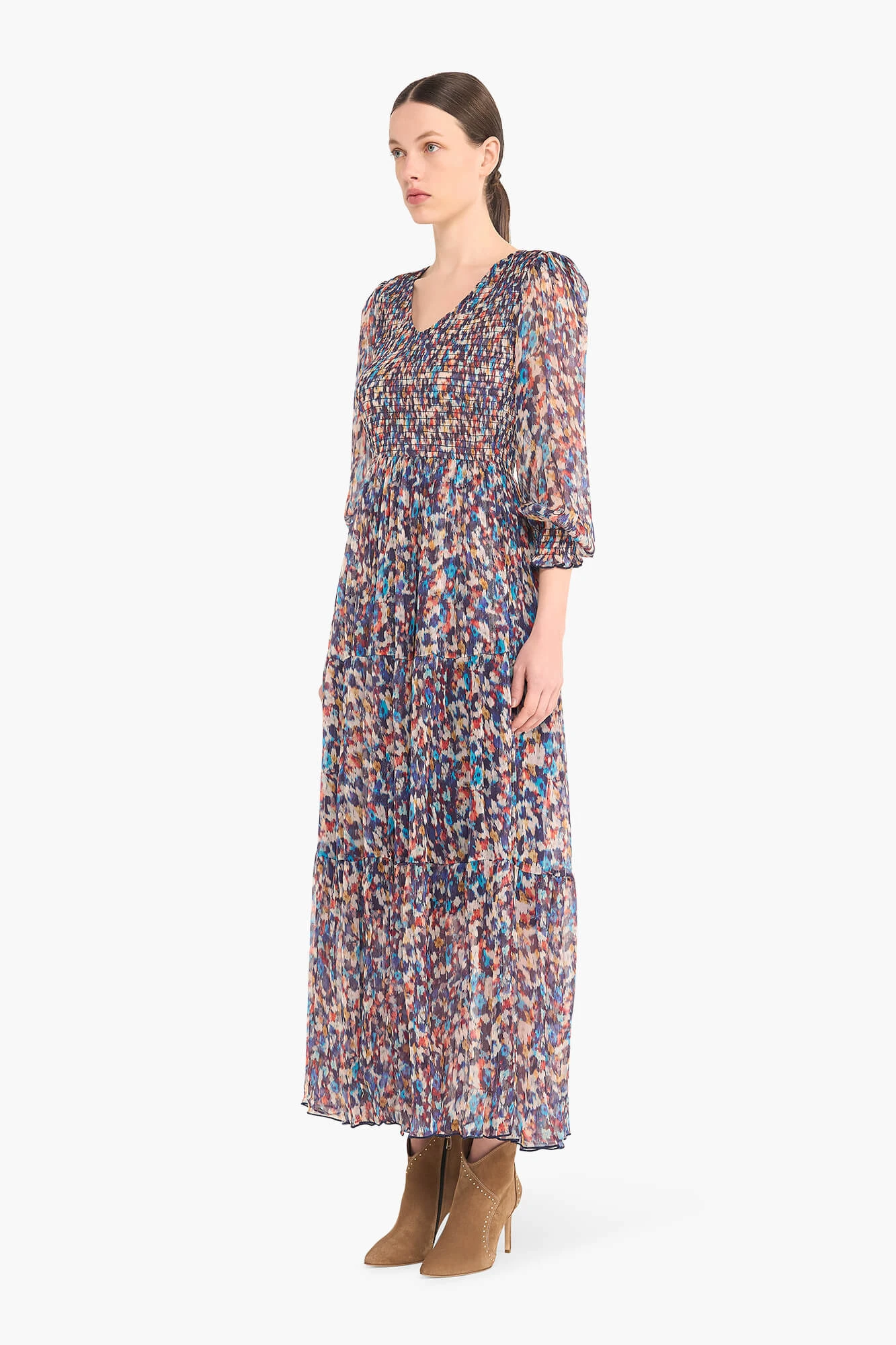 Langes Kleid mit Smog-Print in Finn-Blau