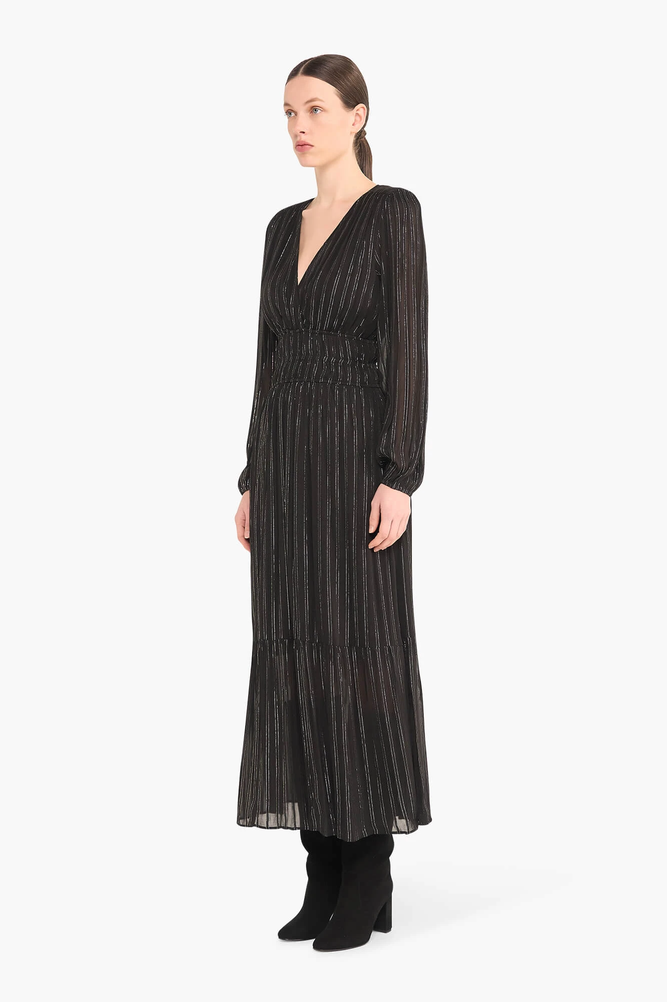Langes Lurex-Kleid mit Gummizug, Modell „Milan“, schwarz