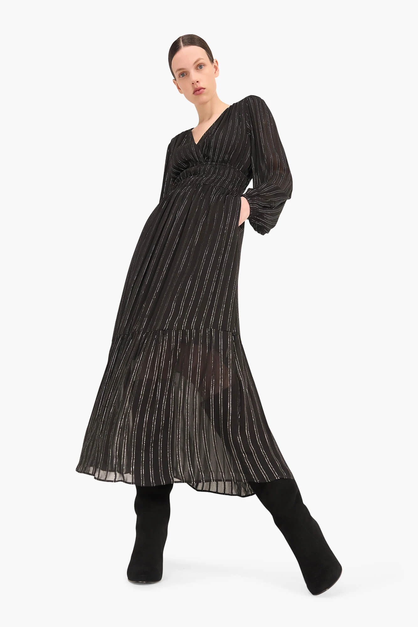 Langes Lurex-Kleid mit Gummizug, Modell „Milan“, schwarz