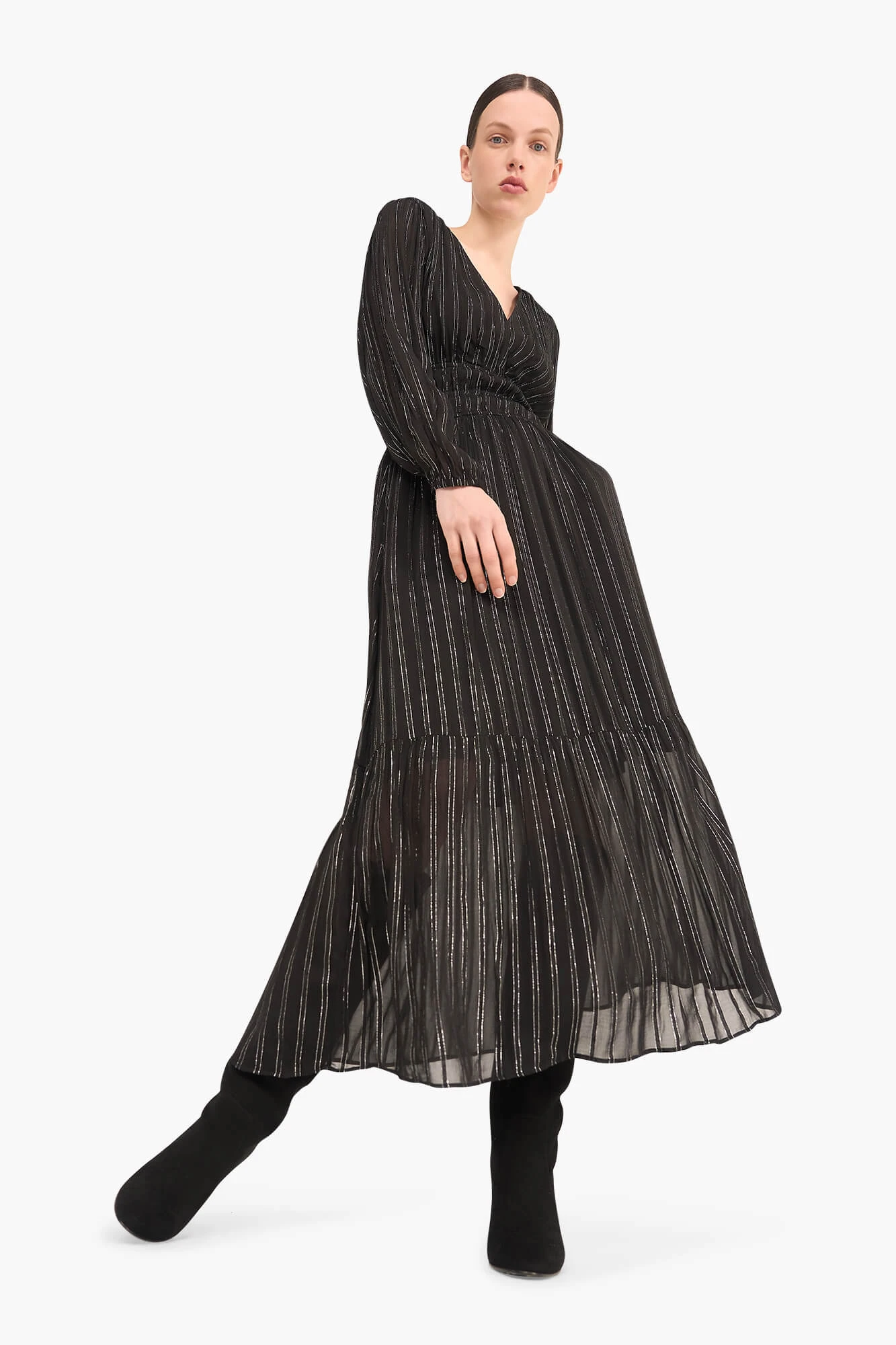 Langes Lurex-Kleid mit Gummizug, Modell „Milan“, schwarz