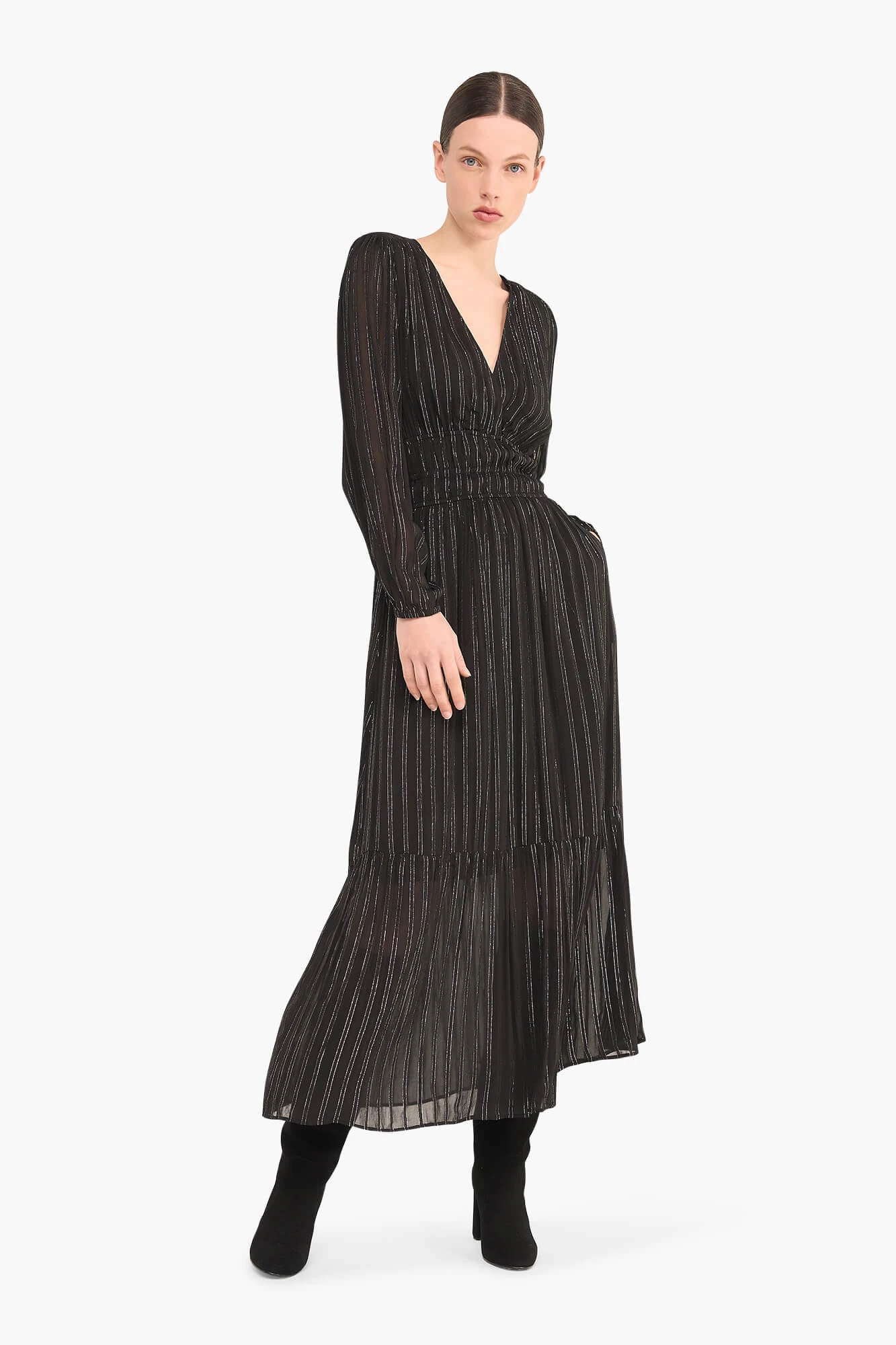 Langes Lurex-Kleid mit Gummizug, Modell „Milan“, schwarz