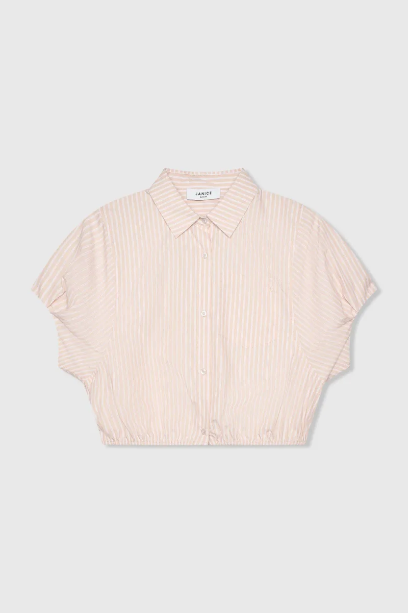Katoenen Dames Blouse Korte Mouw Gestreept Cross Beige