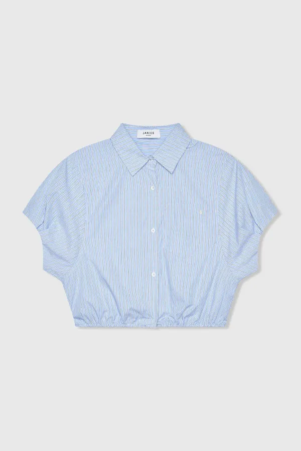 Katoenen Dames Blouse Korte Mouw Gestreept Cross Blauw