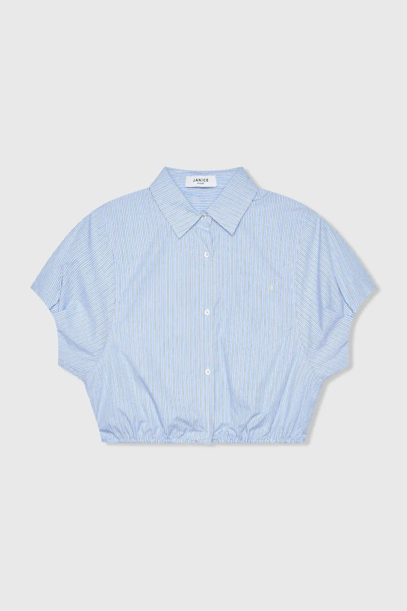 Katoenen Dames Blouse Korte Mouw Gestreept Cross Blauw