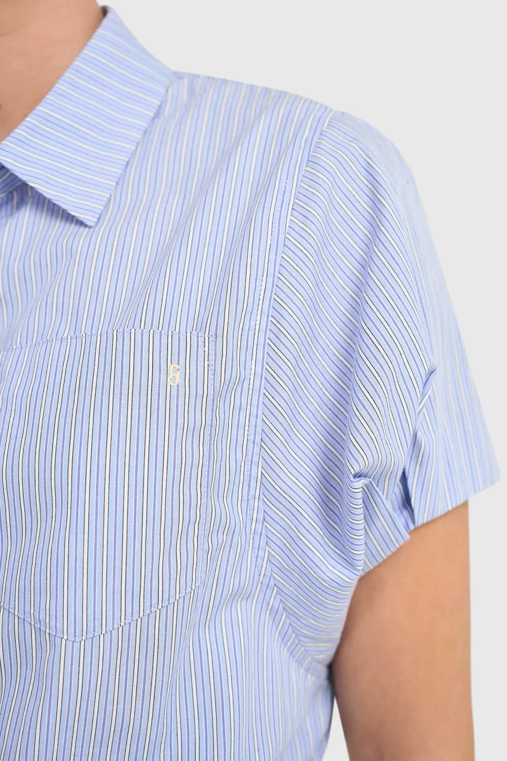 Katoenen Dames Blouse Korte Mouw Gestreept Cross Blauw