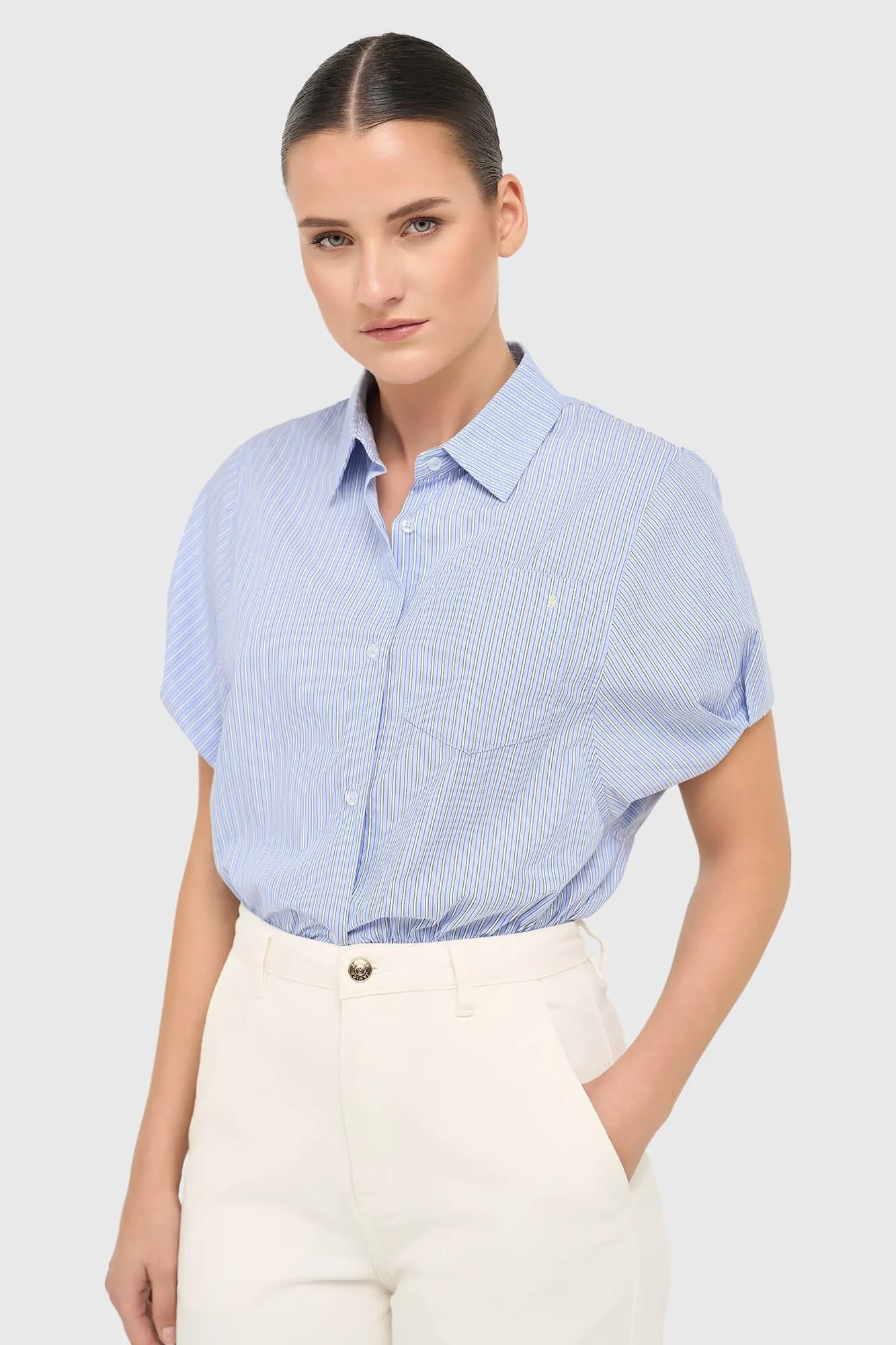 Women's Cotton Short-Sleeve Striped Blouse in Blue