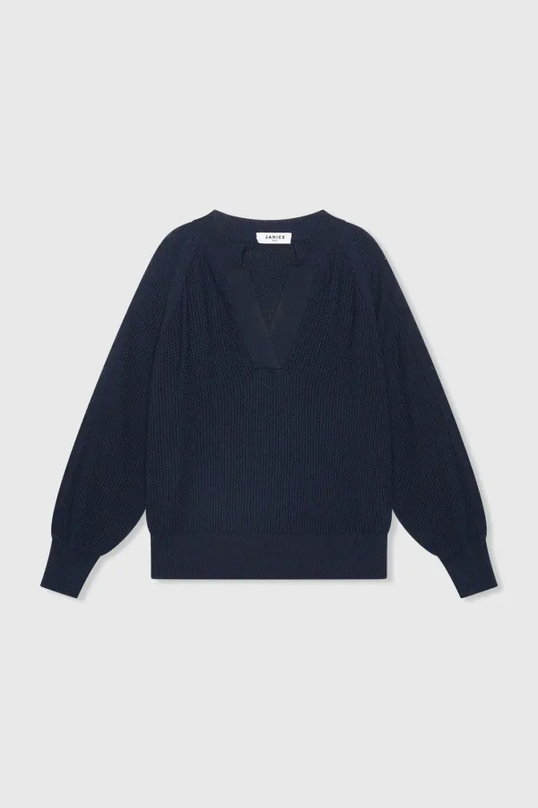 Baumwollpullover für Damen mit Schnürung, offenen Ärmeln und schulterfreiem Ausschnitt, grob gestrickt, blau