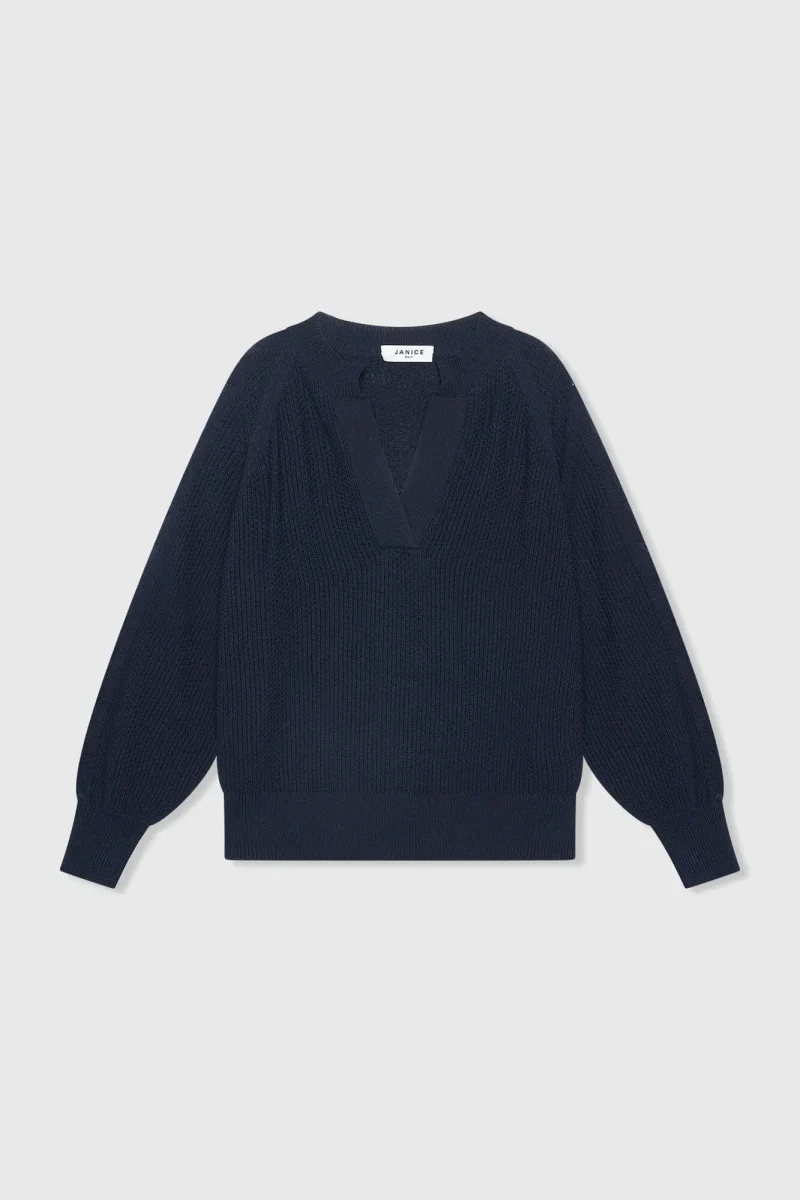 Baumwollpullover für Damen mit Schnürung, offenen Ärmeln und schulterfreiem Ausschnitt, grob gestrickt, blau