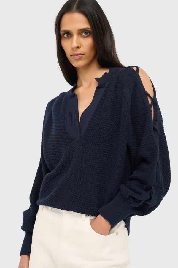 Baumwollpullover für Damen mit Schnürung, offenen Ärmeln und schulterfreiem Ausschnitt, grob gestrickt, blau
