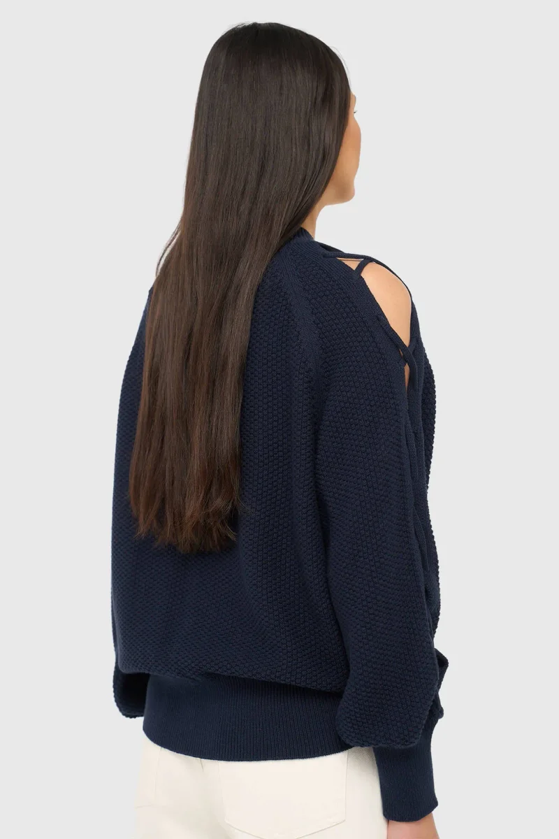 Baumwollpullover für Damen mit Schnürung, offenen Ärmeln und schulterfreiem Ausschnitt, grob gestrickt, blau