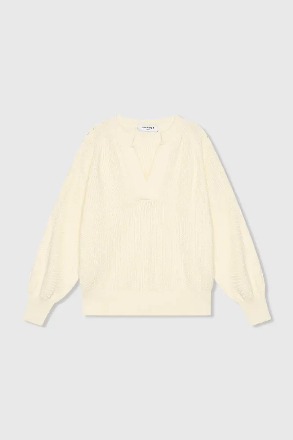 Women's Cotton Sweater with Lace-Up Sleeves, Open Shoulders, Chunky Knit, Off-White