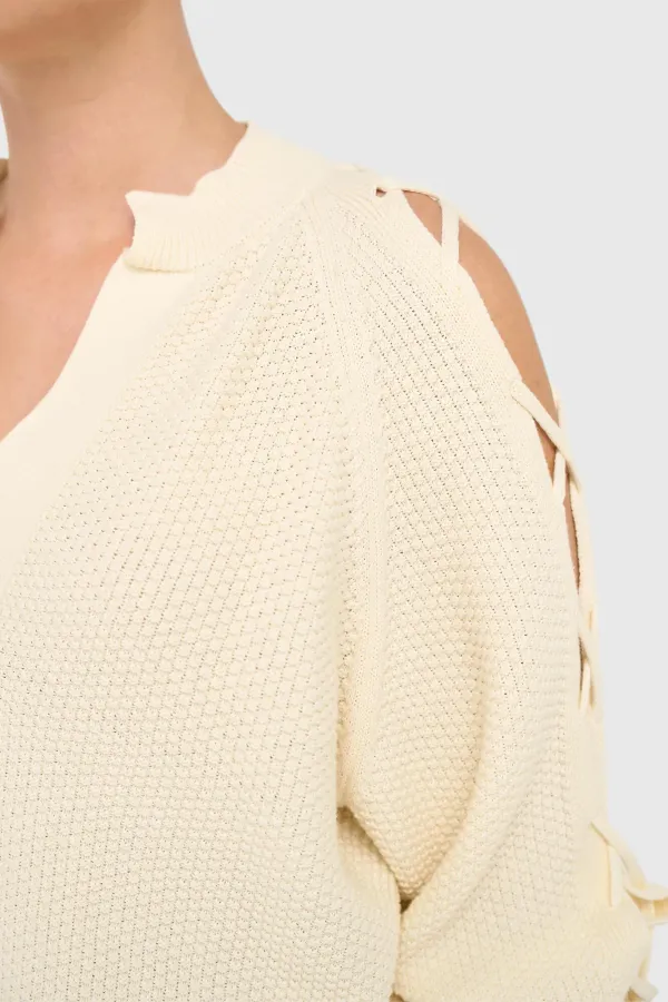 Women's Cotton Sweater with Lace-Up Sleeves, Open Shoulders, Chunky Knit, Off-White