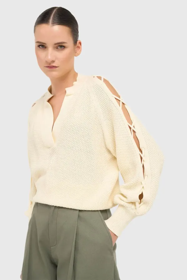 Women's Cotton Sweater with Lace-Up Sleeves, Open Shoulders, Chunky Knit, Off-White