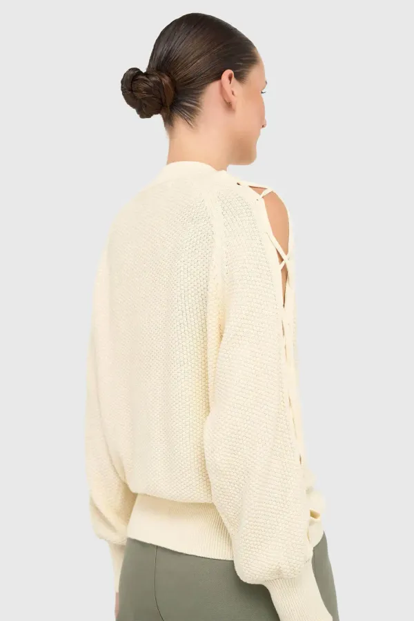 Women's Cotton Sweater with Lace-Up Sleeves, Open Shoulders, Chunky Knit, Off-White