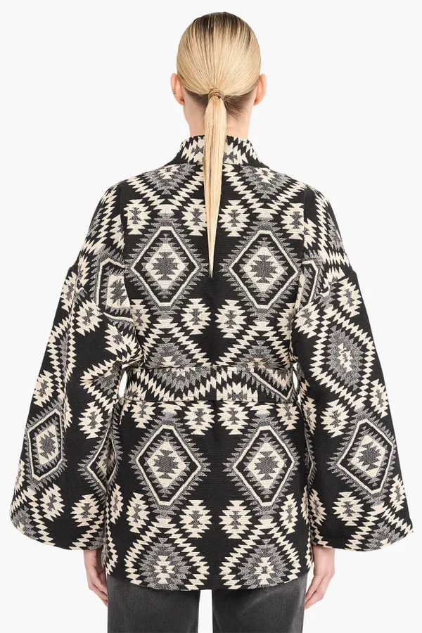 Kimono Dames Jacquard Preston Aztec Zwart