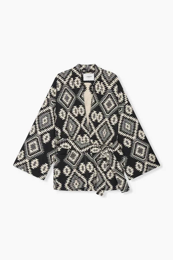 Kimono Dames Jacquard Preston Aztec Zwart