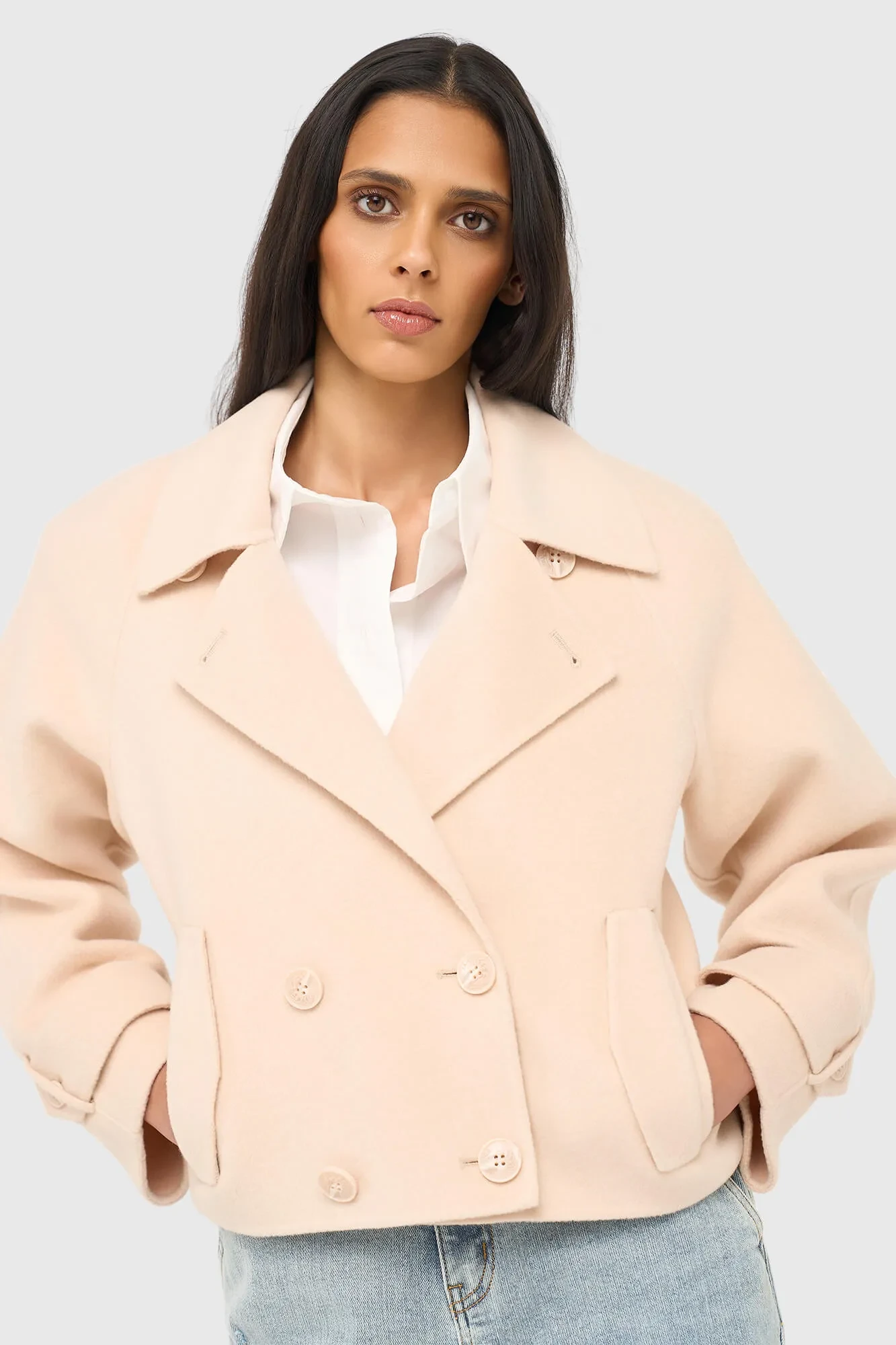 Short Double-Faced Cashmere Trench Coat in Peach by Floyd