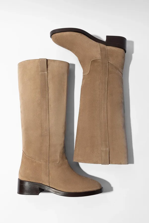 Leren Hogen Laars Plat Sem Suede Beige