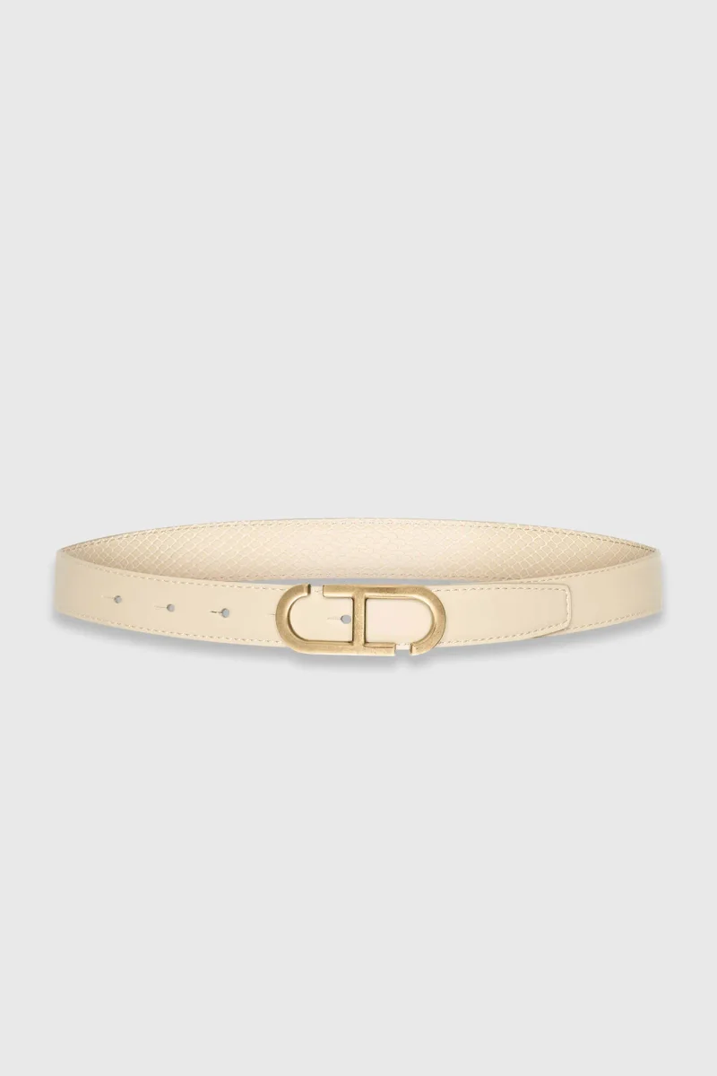 Women's Leather Reversible Belt in Off-White and Cream with Brass Trophy Buckle