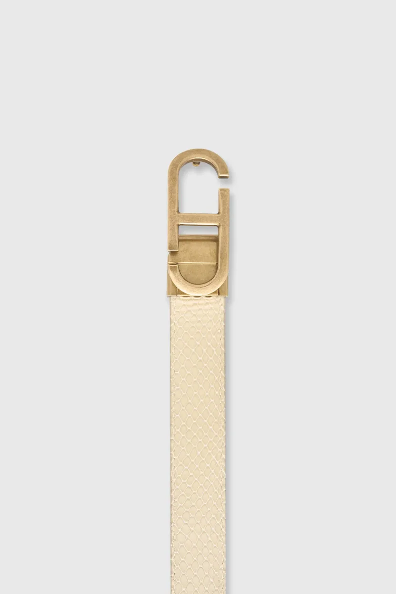 Women's Leather Reversible Belt in Off-White and Cream with Brass Trophy Buckle