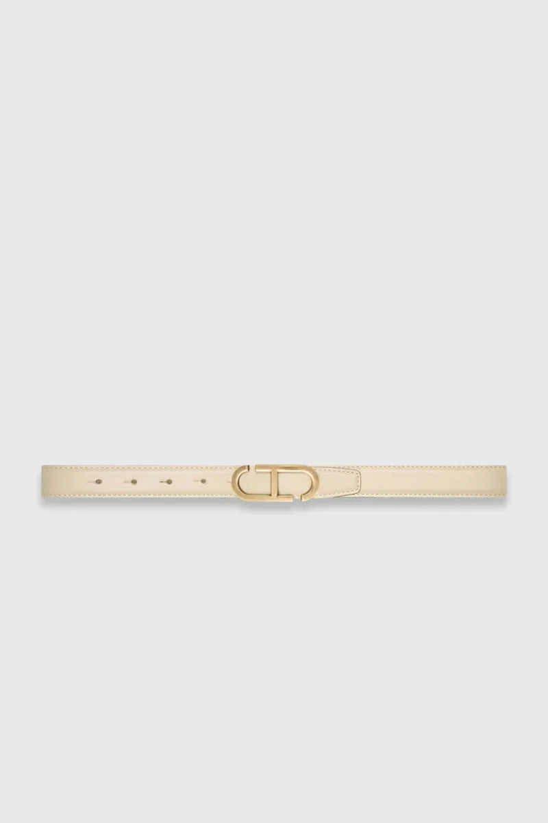Women's Leather Reversible Belt in Off-White and Cream with Brass Trophy Buckle