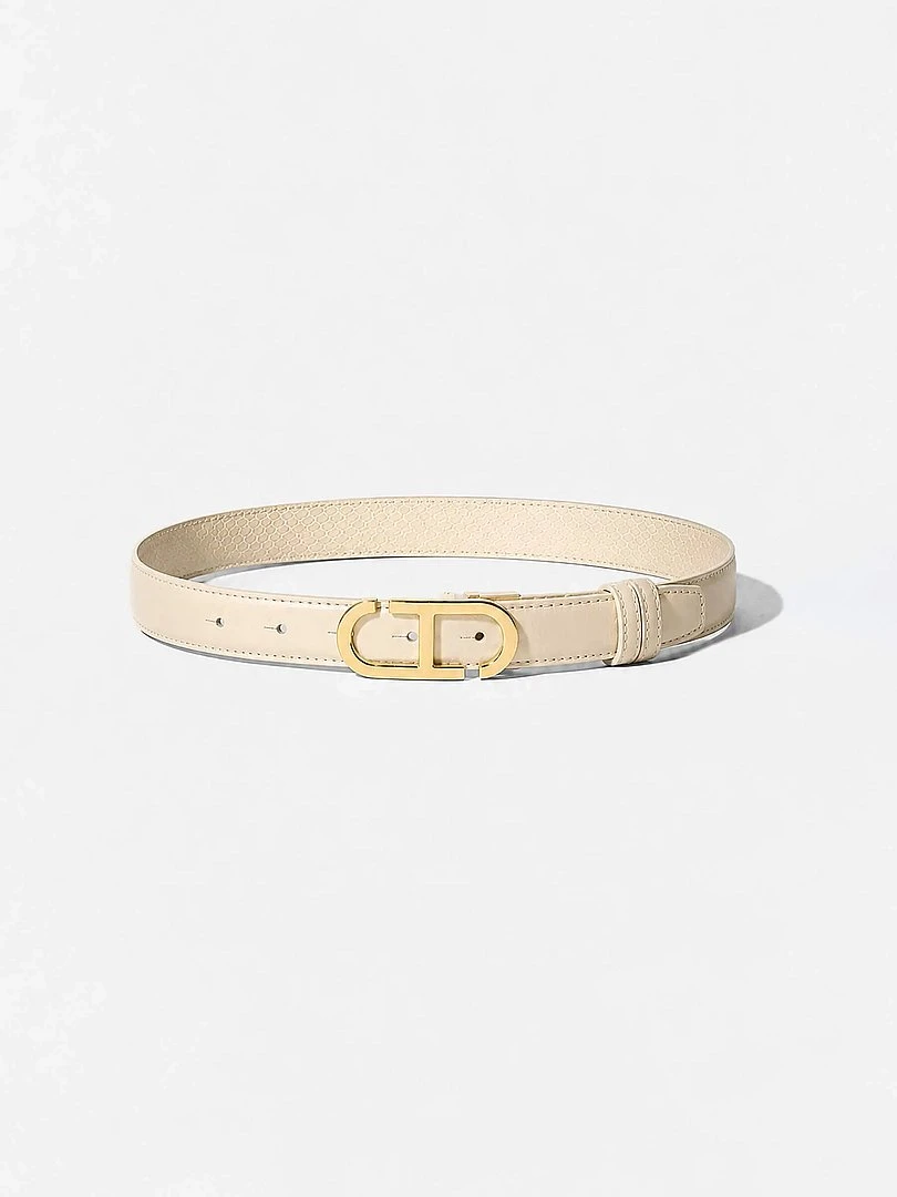 Women's Leather Reversible Belt in Off-White and Cream with Gold Trophy Buckle