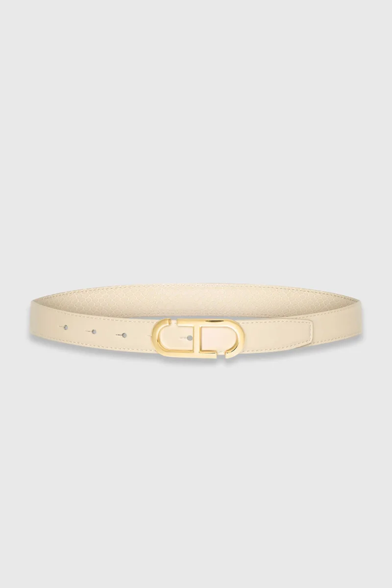 Women's Leather Reversible Belt in Off-White and Cream with Gold Trophy Buckle