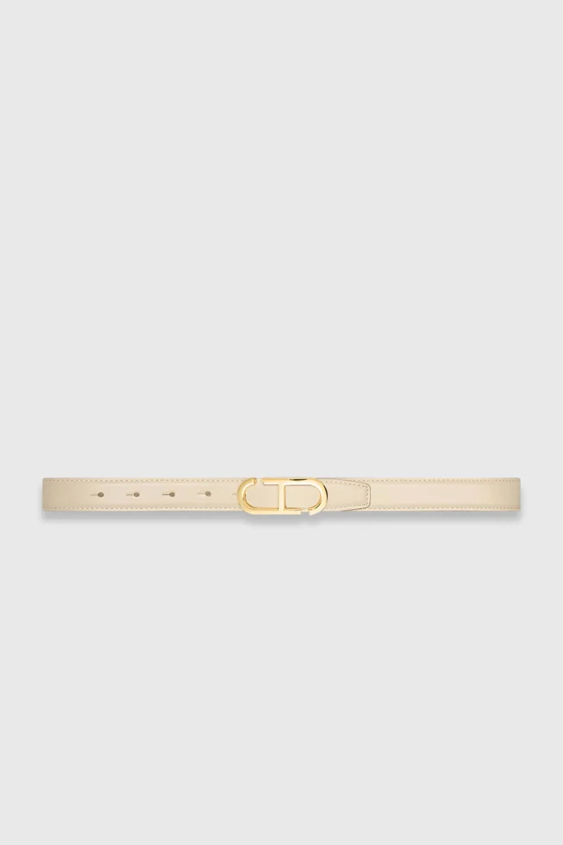 Women's Leather Reversible Belt in Off-White and Cream with Gold Trophy Buckle