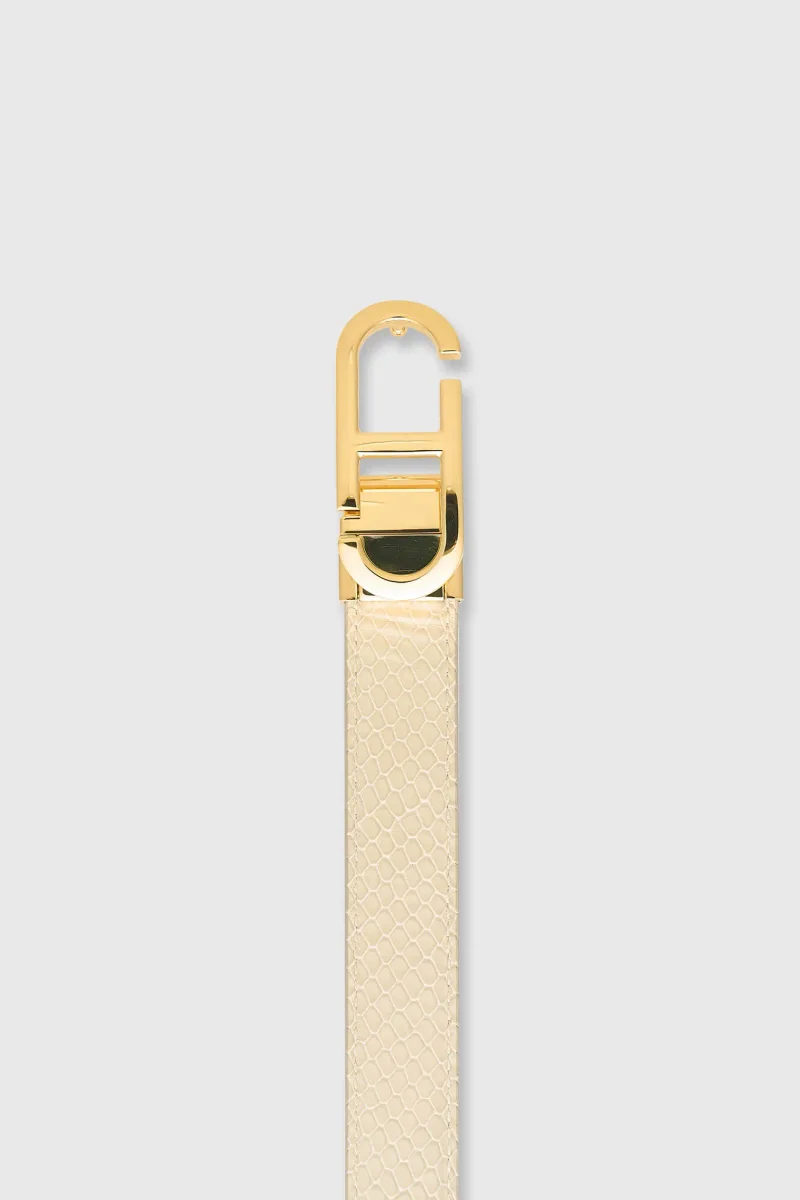 Women's Leather Reversible Belt in Off-White and Cream with Gold Trophy Buckle