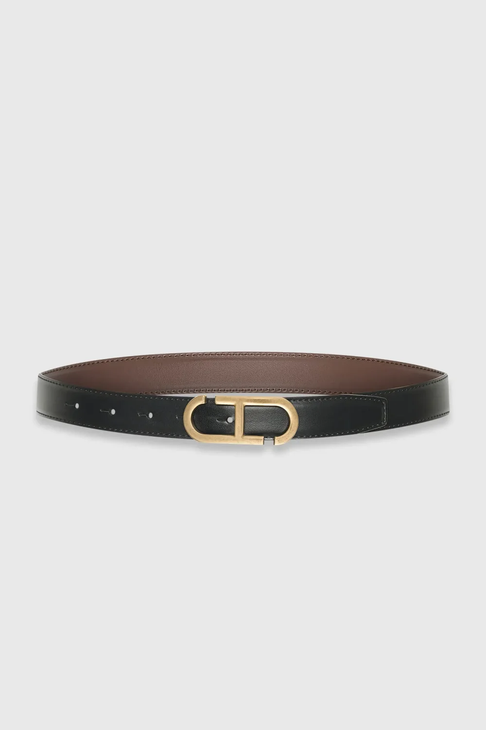 Women's Leather Reversible Belt in Black and Brown with Brass Trophy Buckle