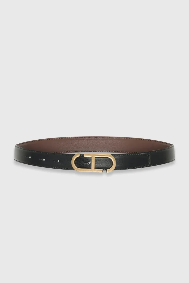 Women's Leather Reversible Belt in Black and Brown with Brass Trophy Buckle