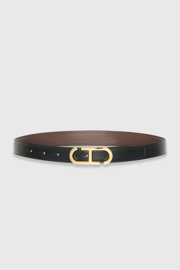 Women's Leather Reversible Belt in Black, Brown, and Gold with Trophy Buckle