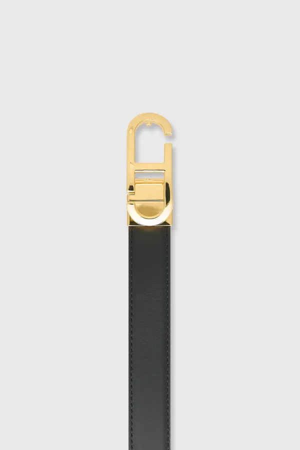 Women's Leather Reversible Belt in Black, Brown, and Gold with Trophy Buckle