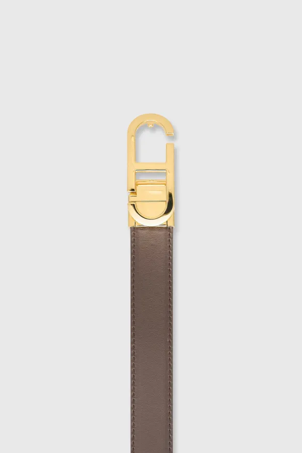 Women's Leather Reversible Belt in Black, Brown, and Gold with Trophy Buckle