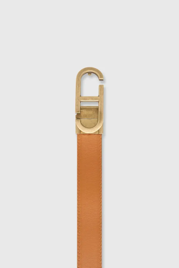 Wendbarer Damen-Ledergürtel, schwarz-camel, mit Messing-Trophy-Schnalle