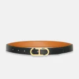 Leren Dames Riem Reversible Zwart Camel Goud Trophy Buckle