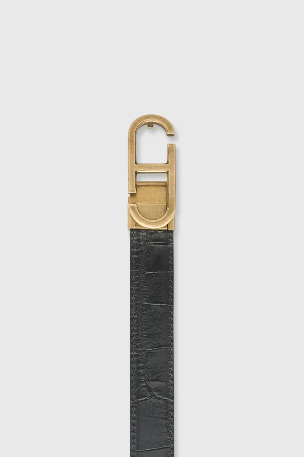 Wendbarer Damen-Gürtel aus Leder, schwarz, Krokoprägung, Messing-Trophy-Schnalle
