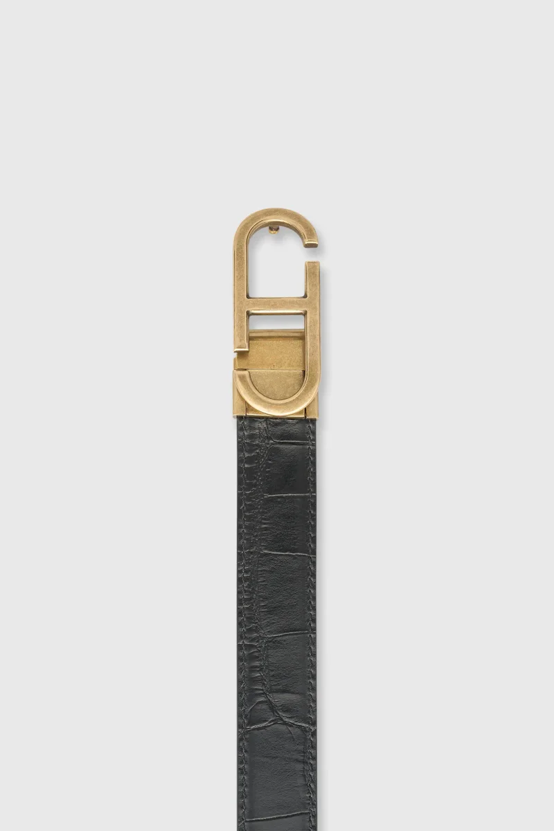Wendbarer Damen-Gürtel aus Leder, schwarz, Krokoprägung, Messing-Trophy-Schnalle