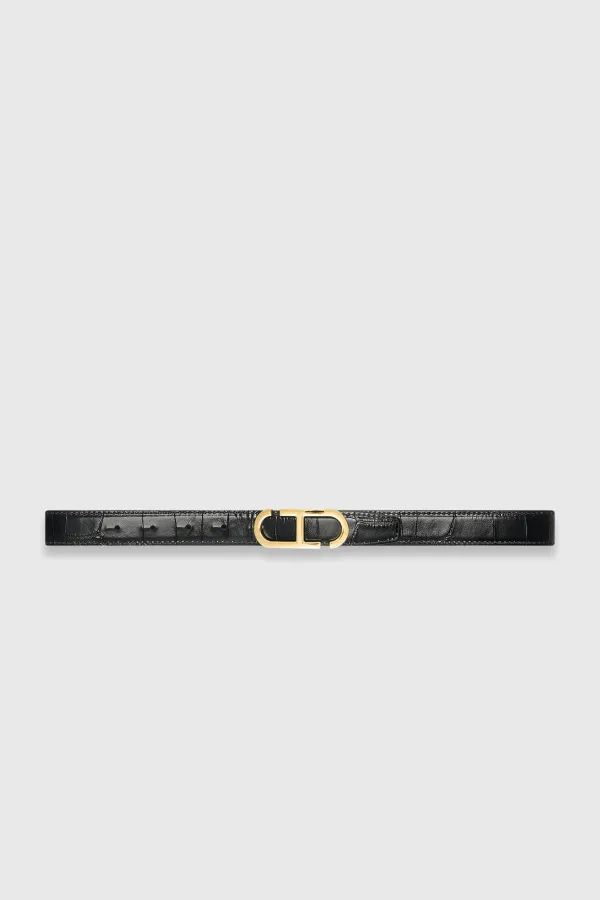 Leren Dames Riem Reversible Zwart Croco Goud Trophy Buckle