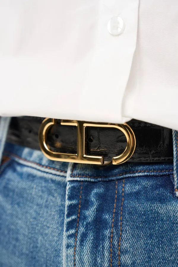 Leren Dames Riem Reversible Zwart Croco Goud Trophy Buckle