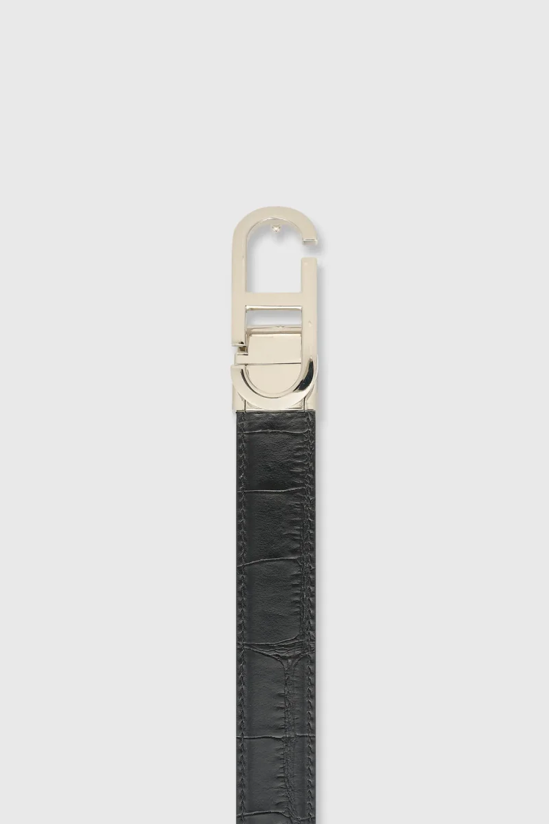 Leren Dames Riem Reversible Zwart Croco Zilver Trophy Buckle